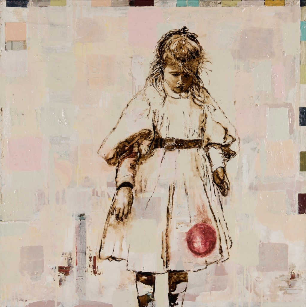 Huile sur toile, technique mixte, «Sophie de Mey jouant à la balle », 100 x 100 cm, 2015, d’après une photographie d’Henri Evenepoel, prise de vue Isabelle Morison