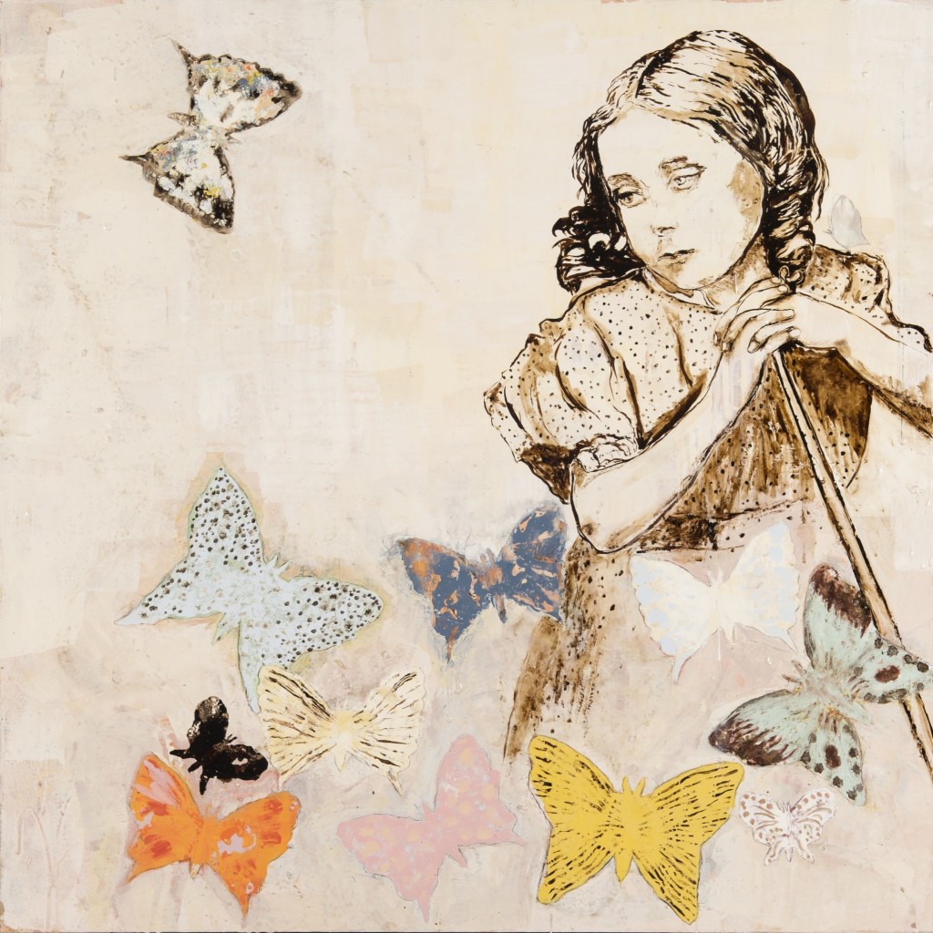 Huile sur toile, technique mixte, «Papillons et Amy Hughes », 110 x 110 cm, 2015, d’après une photographie de Lewis Carroll, prise de vue Isabelle Morison