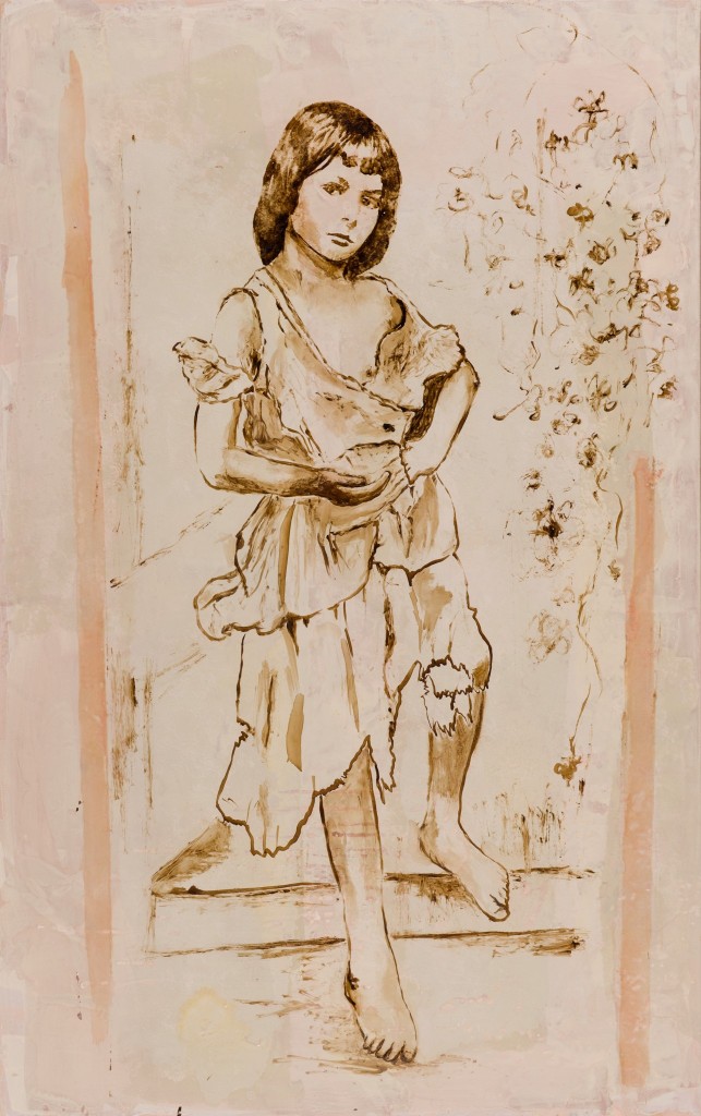 Huile sur toile, technique mixte, « La petite mendiante » 73 x 116 cm, 2015 d’après « Alice Liddell » photographiée par Lewis Carroll , prise de vue Isabelle Morison