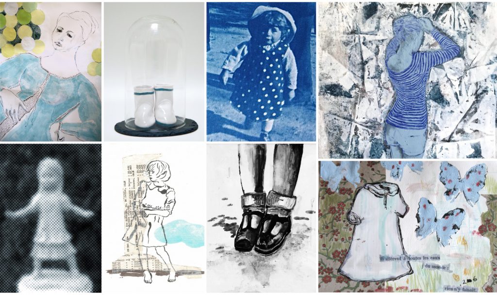 Aperçu d'œuvres et séries liées à Infans (de gauche à droite) : Peinture acrylique sur papier 200 x 200 cm (Expo "Mère en devenir"/Foix) / Série de petites bottes en céramique sous verre H 22 x 15 / Photographie "Enfant courant" tirage argentique bleuté 45 X 85 cm d’ap photo anonyme / Huile sur toile techn mixte «Bé Hermsen » 50 x 50 cm 2015 d’ap. photo de Georges Hendrik Breitner 1905 / Tirage photographique sur bâche 120 x 200 cm d'un biscuit pièce Unique des "Alice", 1 des 8 Dessins à l'encre et collage sur papier 26 x 30 cm 2016 / 1 des 6 Huiles sur toile "Mes souliers" tech avec goudron 2014 / 1 des 24 Dessins/collage "Toutes les eaux" 28 x 35 cm 2006